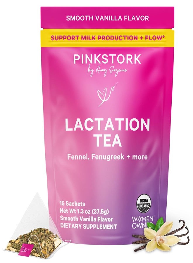 Pink Stork Organic Lactation Tea – Fenugreek, Fennel, Milk Thistle + More – Support for Breastfeeding, Pumping, Hydration, Milk Flow – Smooth Vanilla – 15 Sachets, Caffeine-Free - Image 1